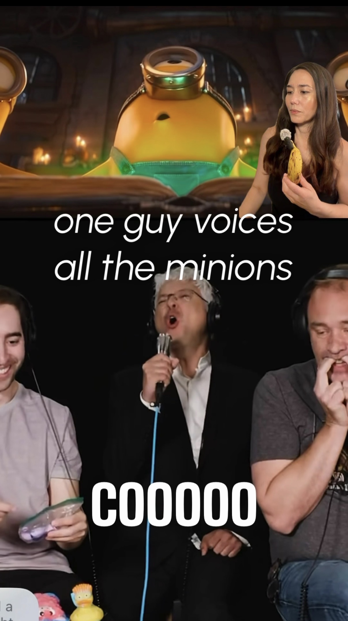 Still from Sondra's Reel: Sondra holding a banana like a microphone above a clip of the Minions voice recording session, with the on-screen text: one guy voices all the minions